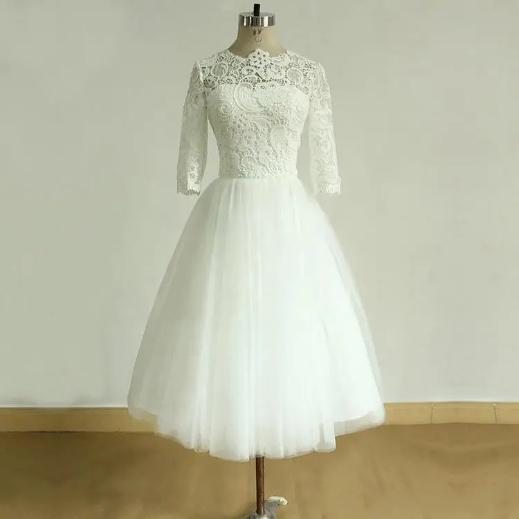 Wholesale Top Quality Ivory Guipure Lace and Tulle Vintage Tea Length Wedding Dresses with Sleeves Reception Wedding Dress