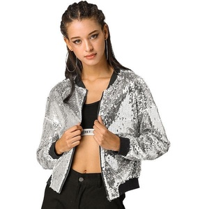 Women's <b>Glitter</b> Regular Sleeve Zipper Bomber <b>Jacket</b> Spring Canvas Stand Collar Breathable Thick - Product Image 2