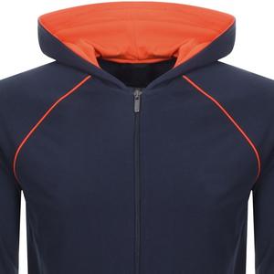Men's <b>Navy</b> Blue Hooded Zip-Up <b>Sweatshirt</b> With Orange Trim Raglan Sleeve Casual Fit Knitted Polyester Autumn Wear - Product Image 5