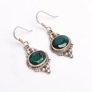 New Arrival Emerald Gemstone Designer Fine Jewelry 925 Sterling Silver Black Oxidized Handmade Women Wedding Drop Hook Earring