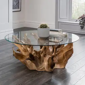 Base de table basse en racine de teck comprenant un dessus en verre rond de 55 pouces