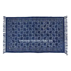 批发印度100% 软棉手工波西米亚装饰床转轮蓝色靛蓝块印花地板户外地毯