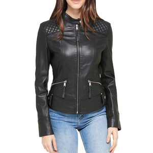 Veste en cuir d'agneau élégante pour femmes, logo personnalisé, vêtement d'hiver, col montant, grande taille, broderie, coupe-vent respirant - Product Image 1
