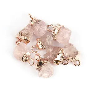 8X10mm natural stone rough rose quartz connector 24k rose gold plated single bail connector supplies jewelry finding components