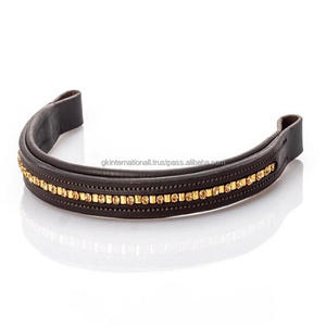 Banda de cejas de caballo de cuero curtido vegetal con acabado de alta calidad en cuero negro o marrón con cadena ostentosa de perlas azules y doradas - Product Image 2