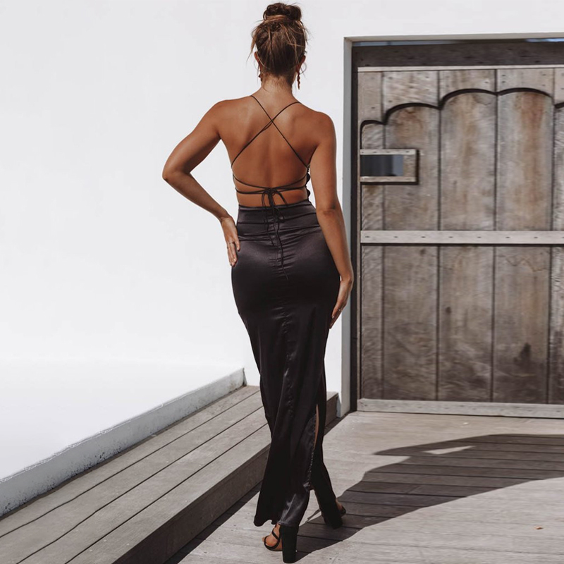 Solid Color Sexy Backless Evening Dress Women's Halter Skirt Long-length European Stylish Dress