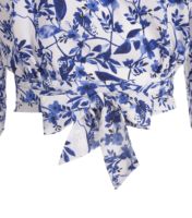 Nouvelle Blouse Tissée Anti-Plis à Manches Longues, Col Rond, Imprimé Floral Bleu, Style Vintage Décontracté, Écologique, avec Nœud à l'Arrière