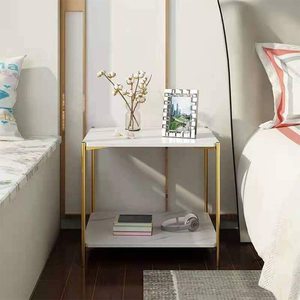 Modern 2-Tier Square <b>White</b> Marble Top <b>Side</b> End <b>Table</b> with Gold Frame 2-Tier Storage Shelf for Living Room Bedroom Decoration - Product Image 3