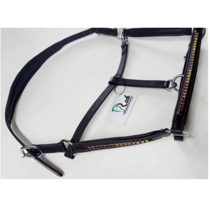 Brida de caballo de alta calidad, relleno de cuero suave genuino negro, latón macizo, variedad de colores, amarillo, naranja, rojo, nailon - Product Image 4