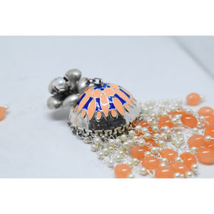 wholesale fashion jewellery meenakari <b>silver</b> look alike brass flower stud long beads <b>jhumka</b> hoop earing for girls and women - Product Image 4