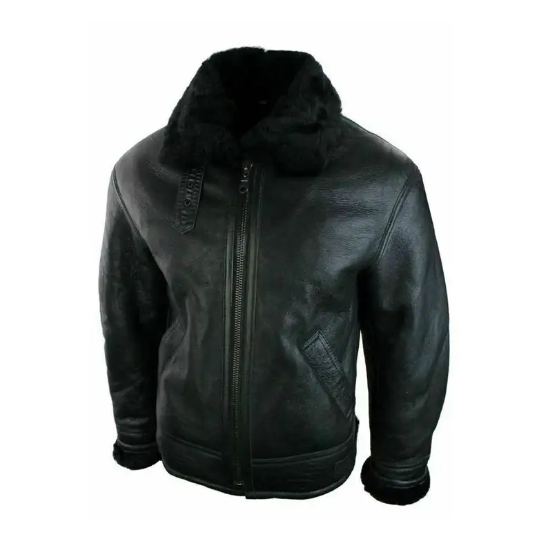 Black Aviator B3 Bomber Faux Shearling Genuine Sheepskin Leather Jacket For Men