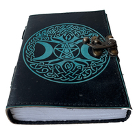 Grimoire hecho a mano negro y azul suave 100% diario de cuero genuino antiguo tercer ojo Triple Luna hechizo nota libro de sombras