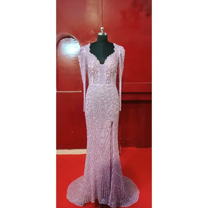 Rajgadhia Exports Prom Dresses Beaded Long Evening Floral Dresses Formal Party Gown Bride Gown with Long Sleeve Light Pink