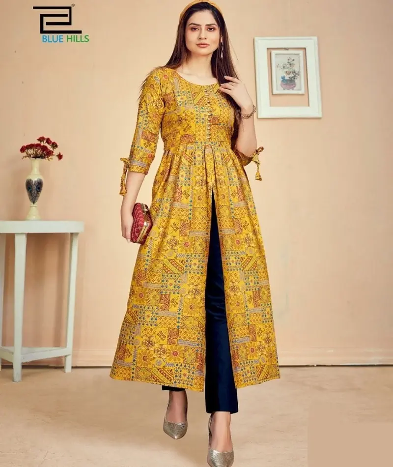 Hint pakistanlı stil etnik giyim saf Rayon Kurtis ile fantezi boyun ve kol ve bir tarafı kesilmiş Anarkali elbisesi stil kadın kurti