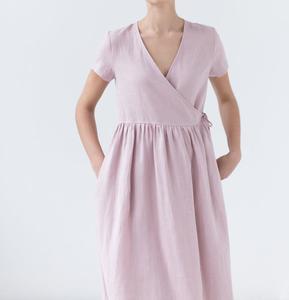 <b>Pink</b> V-neck Short Sleeve Linen Knee-Length Dress <b>Wrap</b> and Tie A-line Loose Formal Breathable Summer with Pockets - Product Image 2