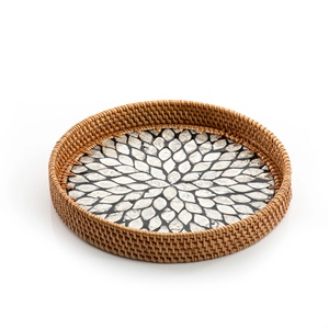 Rattan Wicker Trays with Mother of Pearl Inlay MDF Base and Insert Handle for Fruit Serving, <b>Coffee</b> <b>Table</b> Trays Handmade - Product Image 4