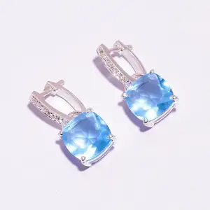 Gorgeous Natural Blue Topaz White Zircon Gemstone Fine Silver Jewelry 925 Sterling Silver Women's Post Stud Gift Stud Earrings