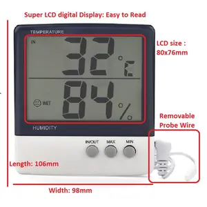 Termometer Elektronik LCD Dalam dan Luar Ruangan, Pengukur Suhu Higrometer Digital Pemasangan Dinding dengan LCD