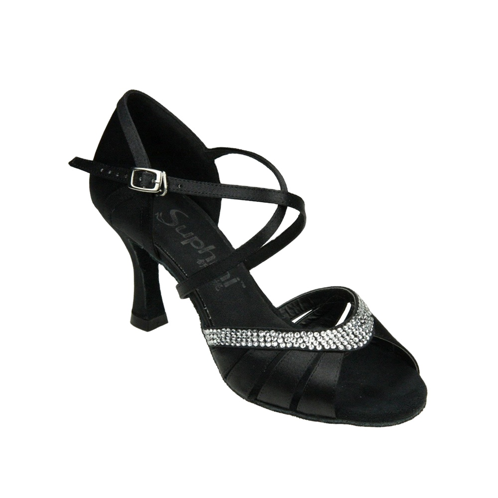 Женские сандалии для латиноамериканских танцев Suphini, черные туфли для бальных танцев со стразами, обувь для латиноамериканских танцев из натуральной кожи и атласа, 7,5 см