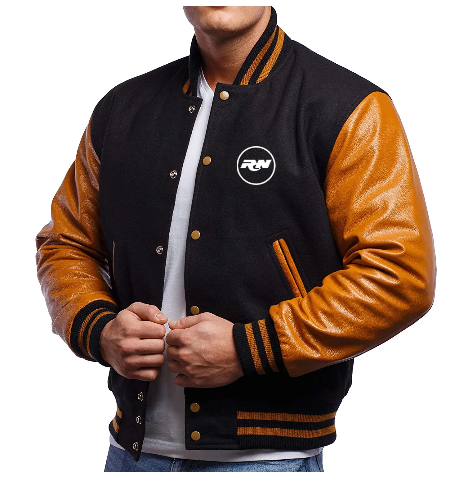 OEM ODM-Chaqueta de béisbol con botones a presión para hombre, chaqueta masculina de béisbol con manga de cuero genuino