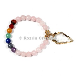 Rose Quartz 8 mm <b>Chakra</b> <b>Bracelets</b> With Electroplated Arrow - Product Image 1