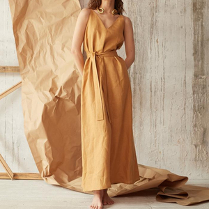 Square Collar Sleeveless Floor-Length Linen Casual <b>Boho</b> Loose Fit Solid Color Breathable <b>Summer</b> Women's <b>Dress</b> Plain Dyed Woven - Product Image 1
