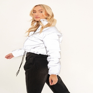 Réfléchissant gris à manches longues vêtements de rue bouffantes 2025 nouveau hiver femmes mode corps court hiver chaleur filles haut court - Product Image 5