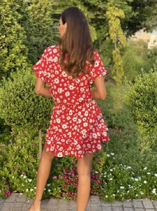 <b>Red</b> Floral Print V-Neck <b>Short</b> Sleeve Mini <b>Dress</b> with Ruffle Hem Tassel Waist Tie Casual Summer Wear Bohemian 100% Cotton A-Line - Product Image 2