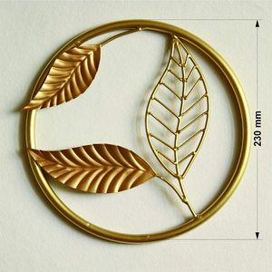 Traditional Style Golden Wrought Iron Hanging Sculpture Metal <b>Wall</b> Decor with Circular <b>Frame</b> and Ergonomic Leave <b>Design</b> - Product Image 4