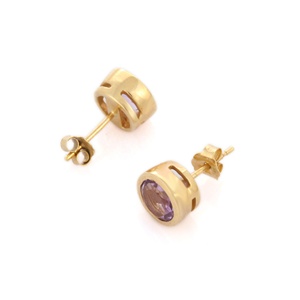 Boucles d'oreilles en or jaune massif 14 carats faites à la main de créateur goujons en pierres précieuses améthyste naturelle cadeau d'anniversaire de mariage de mode minimaliste - Product Image 3