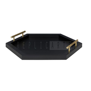 Plateau de service hexagonal en bois noir moderne Art Déco Maximus International avec poignées dorées |   Décoration artisanale pour l'aménagement et l'agencement - Product Image 1