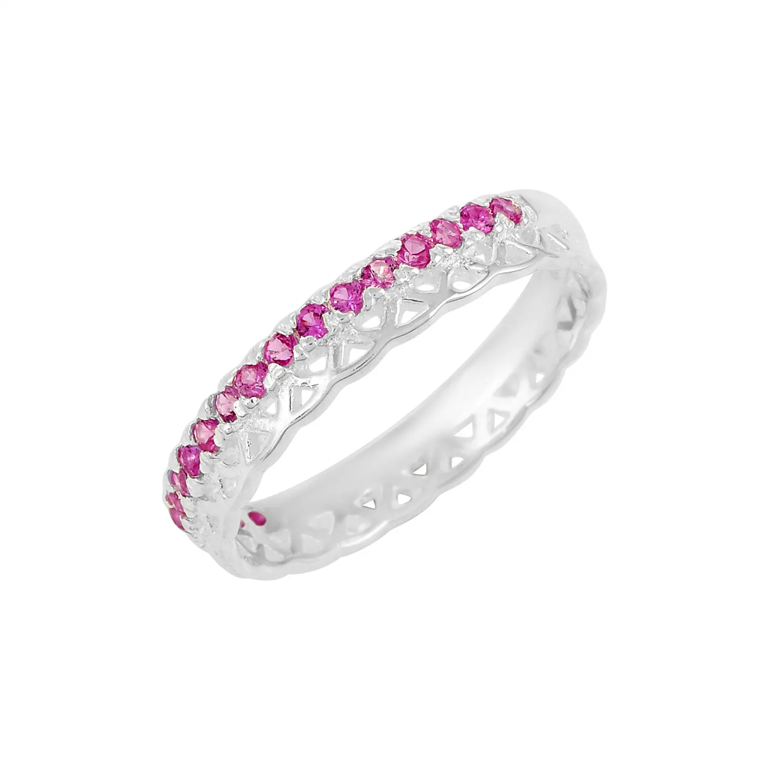 Natural Pink Sapphire Micro Paved Gemstone Eternity Band Design Pure Solid 925 Sterling Silver Engagement Ring Fine Jewelry