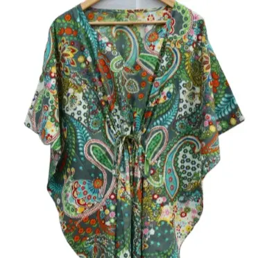 Baju Kaftan katun India motif blok tangan musim panas penutup pantai pakaian tidur Bikini malam untuk wanita jubah Kimono panjang tunik antik