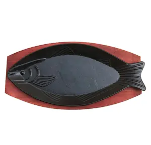 יצוק ברזל טיגון דגי מחבת מחבת רוחשות צלחת דגים בצורת צלחות עם עץ בסיס