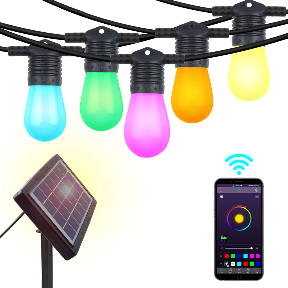 New developed 48FT 15pcs RGBW solar string light app control led bulbs smart string light for outdoor