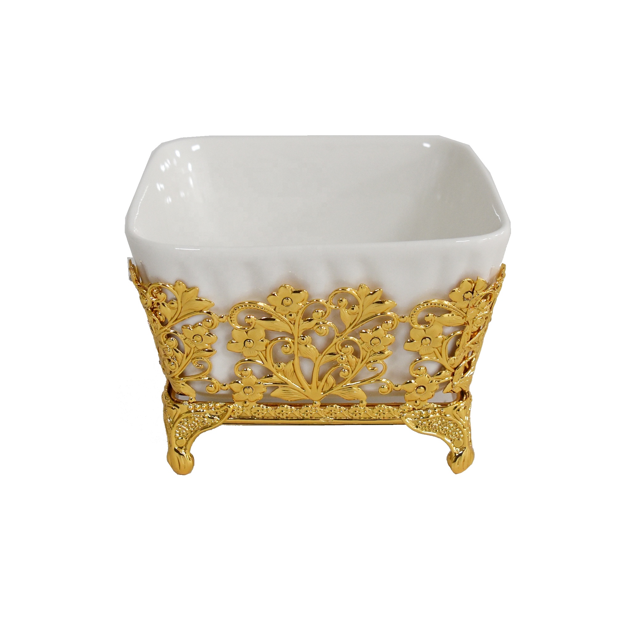 Household kitchen table metal gold frame square ceramic sugar sweet nut bowl