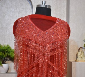 ชุดเดรสแผงด้านหลังติดลูกปัดสีแดงคอกลมแขนยาว,ชุดเดรสแบบเต็มตัวชุดราตรีสไตล์ผู้หญิงแขนปกติ - Product Image 1