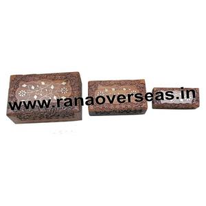 Caja de madera tallada a mano con incrustación de latón, joyería, abalorio, almacenamiento de recuerdo, en conjunto Rectangular de 3 - Product Image 1