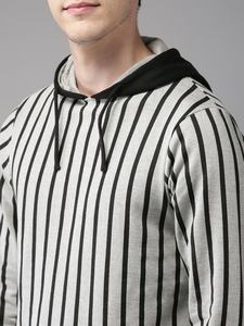 Everglow <b>Men's</b> New Style <b>Grey</b> and Black Striped Hooded <b>Sweatshirt</b> 100% Cotton Digital Printed for Winter - Product Image 3