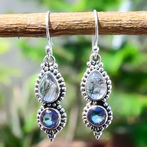 Boucles d'oreilles femme Rutile noir naturel et topaze mystique pierres précieuses boucles d'oreilles unisexes mariage fait à la main boucle d'oreille en argent Sterling 925 - Product Image 1