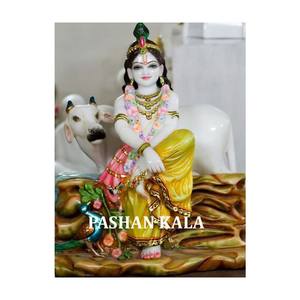 Krishna sentado en mármol hecho a mano, con vaca Murti - Product Image 1