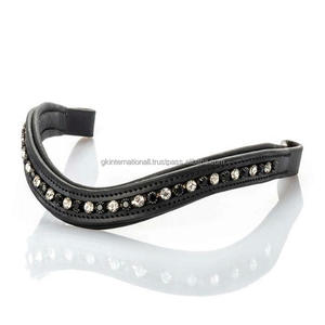 Bandeau à sourcils de cheval en cuir anglais, étanche, tannage végétal, finition de haute qualité, conçu avec chaîne en métal et en cristal noir et transparent - Product Image 1