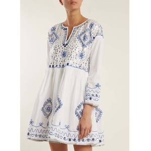 Robe midi au look ensoleillé adorable pour femmes, style bohème chic, tunique en coton brodée, ornée de paillettes, ourlet évasé classique, longue - Product Image 1