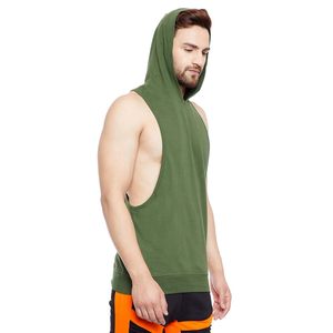 Mens Olive Green Hooded <b>Stringer</b> <b>Vest</b> for Gym Workout tank Top with Hood Sleeveless with Custom logo Printing on Wholesale Price - Product Image 4