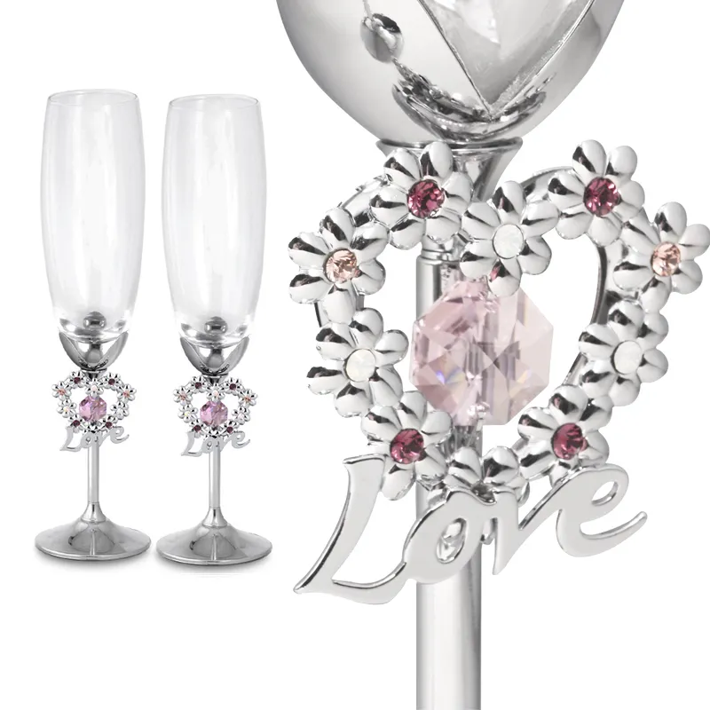 Crystocraft Romantic Heart Love Wedding Champagne Toasting Flutes K9 Glasses Set With Brilliant Cut Crystals Gift For Couple