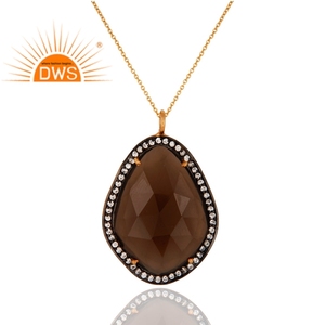 Conjunto de circón de piedras preciosas de cuarzo ahumado, colgante grueso, collar chapado en oro de plata 925, joyería al por mayor, Colección Vintage - Product Image 2