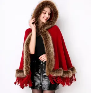 woman fox fur scarves/red daily life fake fur lady shawls with tassel