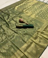 Sari de Seda Kanchipuram, Algodón Banarasi y Lino, Talla Única, para Fiestas, Bodas Indias, Festivales, Tejido Étnico de Diseño Moderno para Mujer