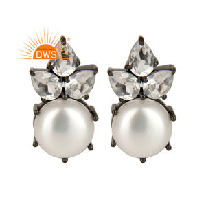 Beautiful Pearl and Crystal Gemstone Earrings Black Rhodium Plated 925 <b>Silver</b> <b>Stud</b> Earrings Jewelry Manufacturer - Product Image 1