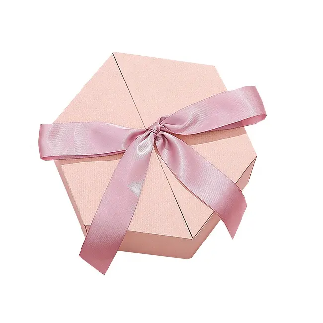 Custom hexagon unique pink with ribbon paper surprise gift box